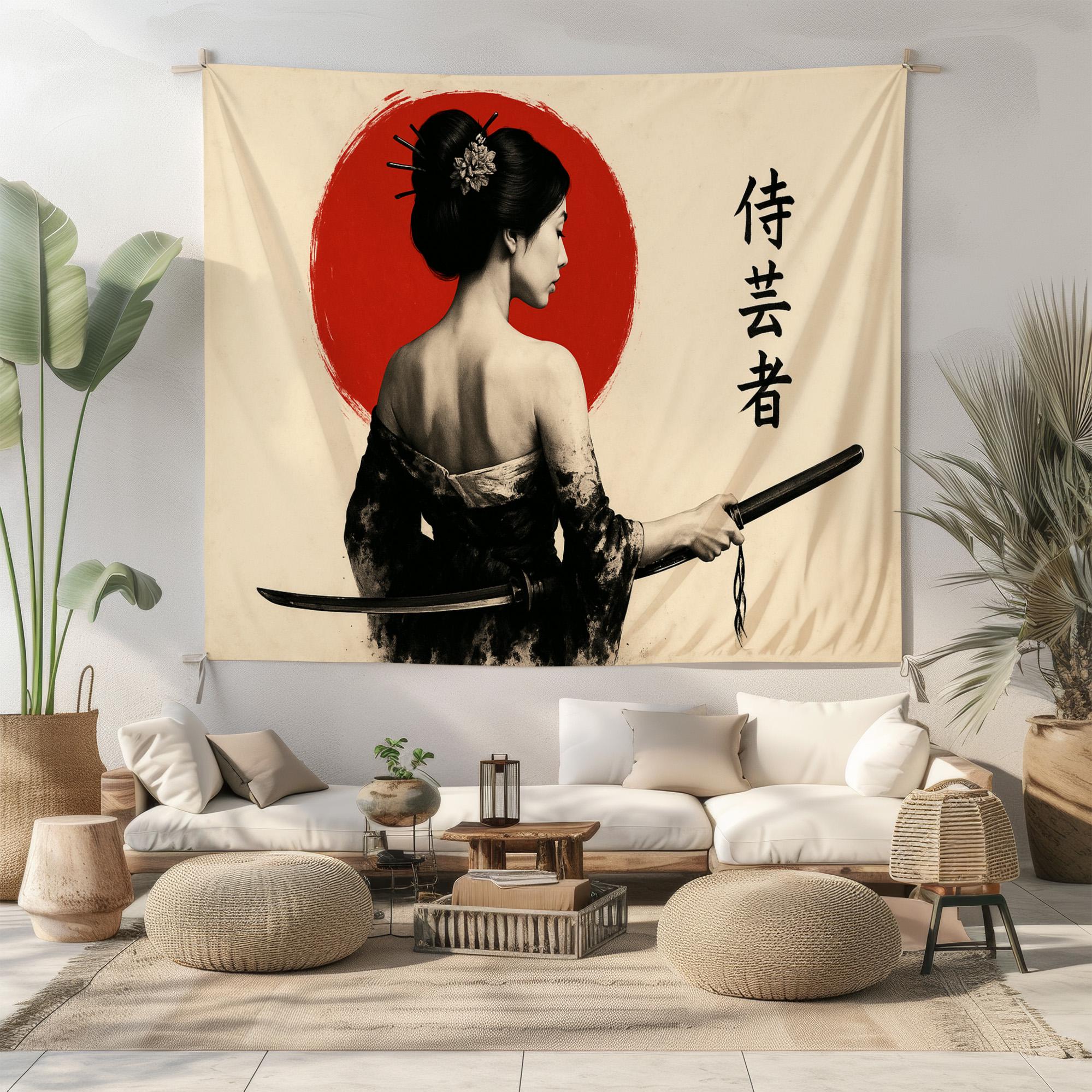 Samurai Woman Tapestry – Japanese Warrior Wall Art – Geisha Sword Red ...