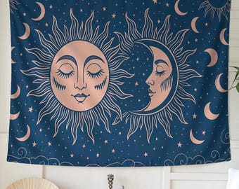 Tapiz de Sol y Luna - Cara Celestial Azul para Pared, Decoración Mística Boho, Arte de las Fases de la Luna, Tapiz Cósmico para Dormitorio, Decoración Espiritual