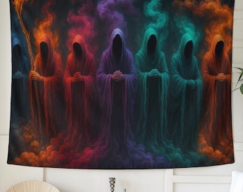 Tenture murale tapisserie personnages mystiques à capuche, art fantastique sombre de la mort, décoration cosmique gothique, mystiques célestes, cadeau d'êtres spirituels de l'ombre