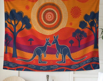 鮮やかなアボリジニアートのカンガルー壁掛けタペストリー - 寝室、寮