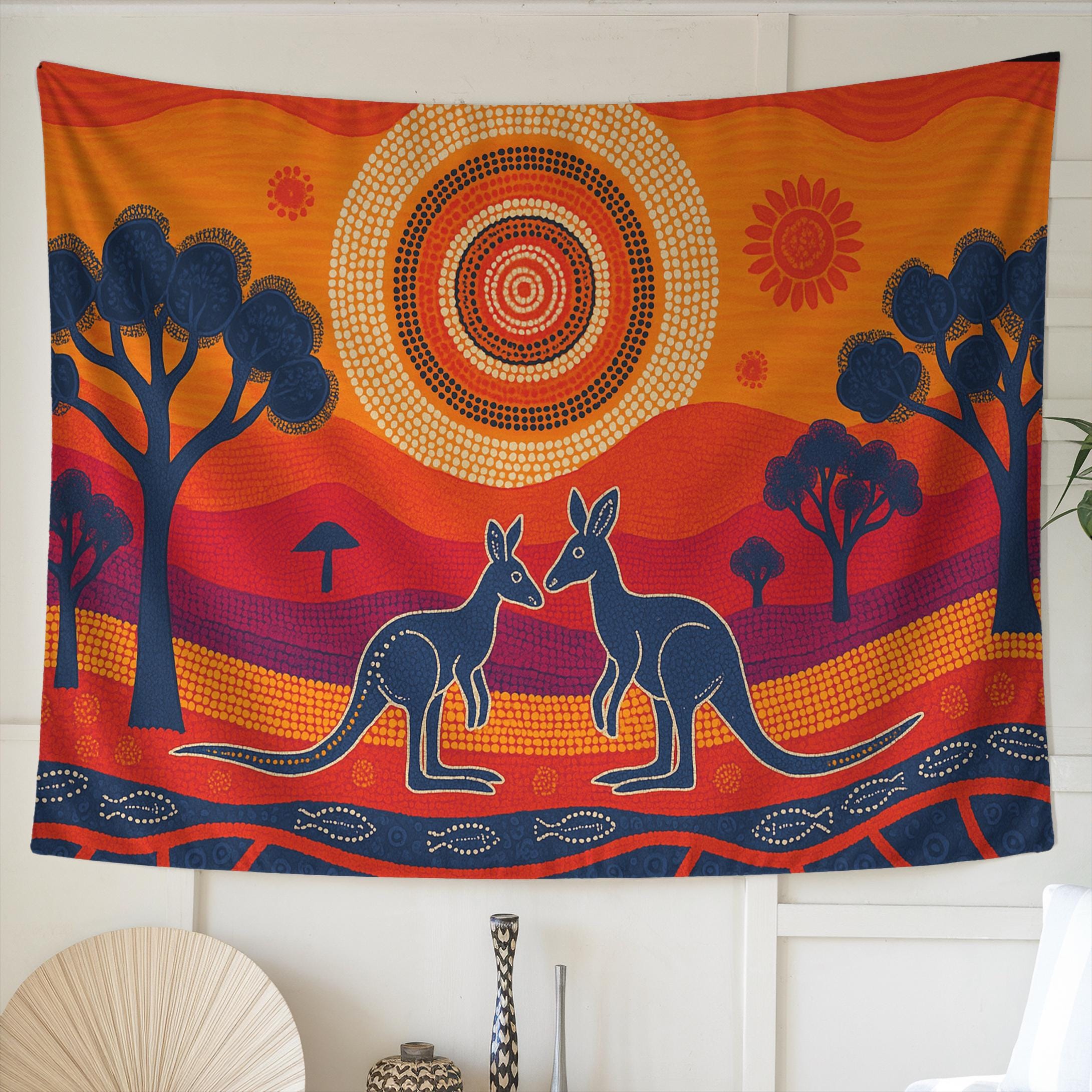 鮮やかなアボリジニアートのカンガルータペストリー壁掛け
