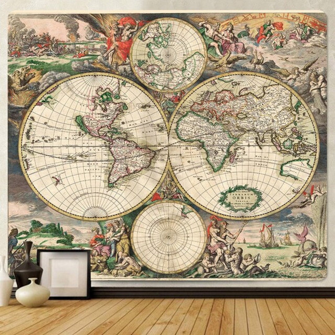 Old Map Tapestry Ancient Medival World Map Wall Hanging Retro Map of 