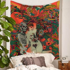 Skull and Naked Woman Tapestry, Lovers Couple Wall Tapestry, Psychedelic Wall Art, Gothic Girl Tapestries, Abstract Art Wall Decor