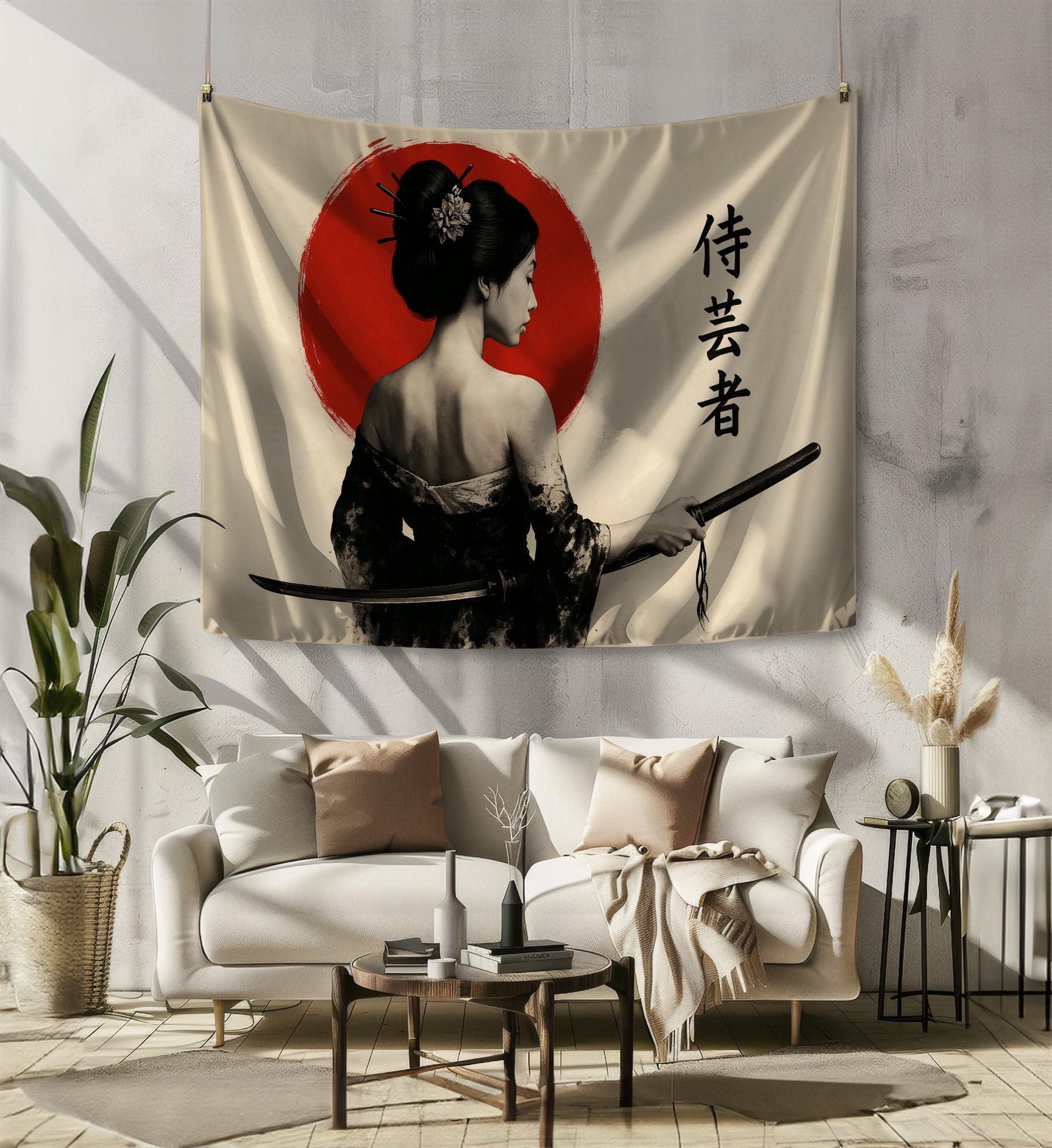 Samurai Woman Tapestry – Japanese Warrior Wall Art – Geisha Sword Red ...
