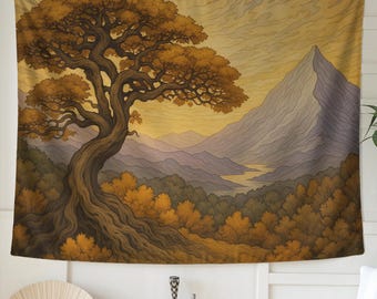 雄大な自然の木のタペストリー - 山の風景の壁掛け、ボヘミアン風ホームデコレーション、森のアート、穏やかな自然の壁アート