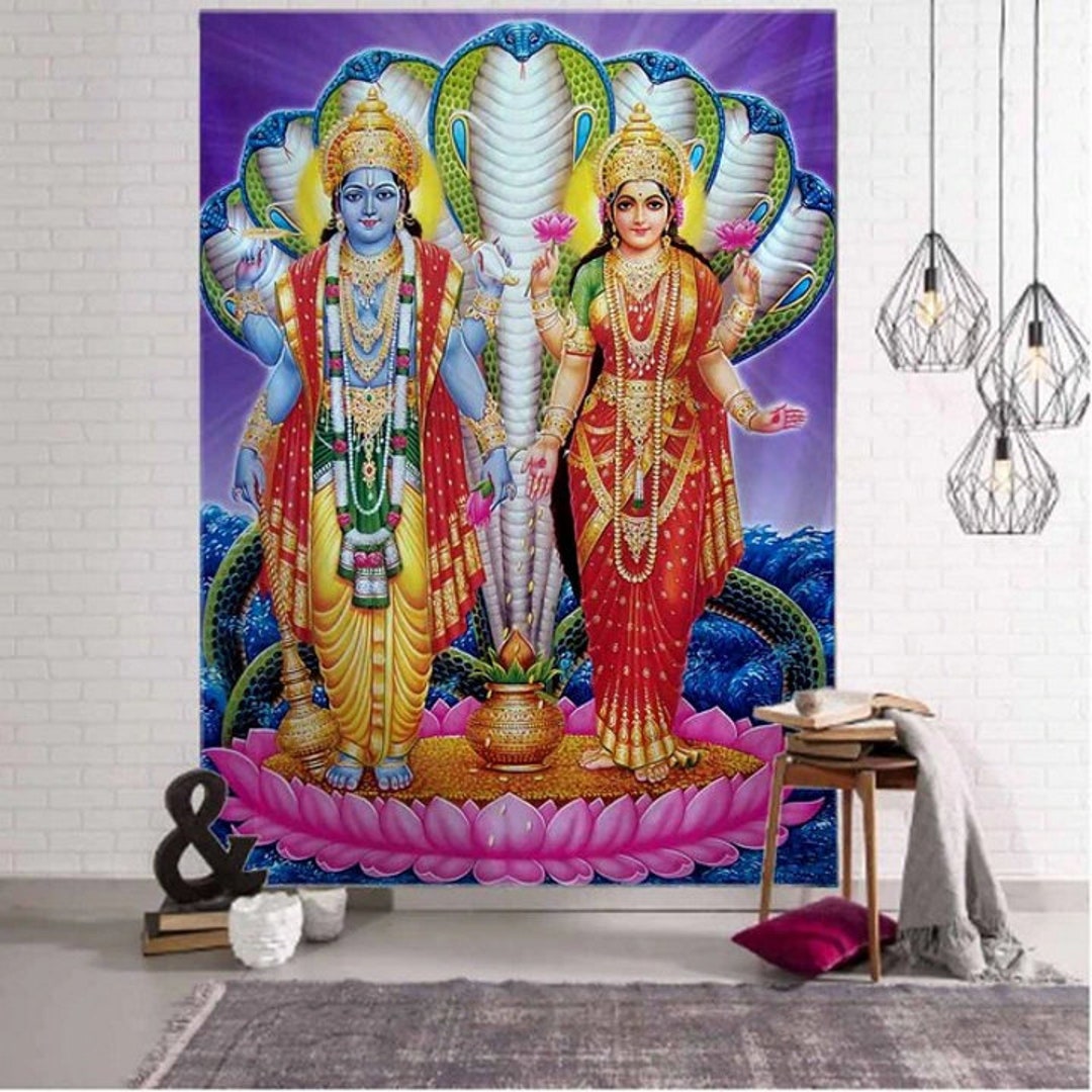 Hindu Tapestry Indian Lord Vishnu and Goddess Lakshmi Wall Hanging