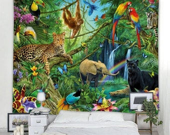Jungle Tapestry Tropical Wall Tapestry Rainforest Wall Hanging Animals and Birds Tapestries Wall Decor