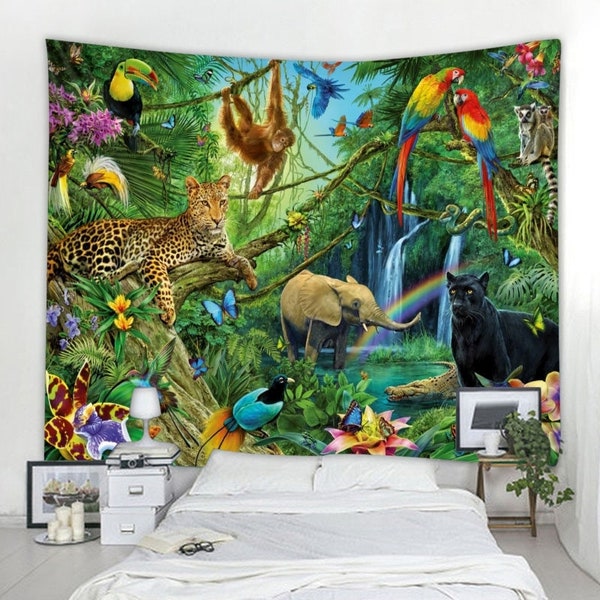 Jungle Tapestry Tropical Wall Tapestry Rainforest Wall Hanging Animals and Birds Tapestries Wall Decor