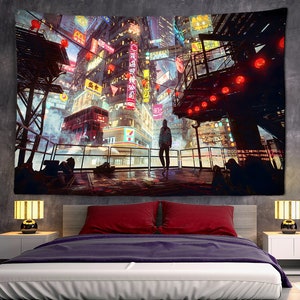 Japanese City Tapestry Cyberpunk City Tapestry Japan Night Scene Neon Lights Cool Futuristic Wall Decor Large Cyberpunk Wall Art Tapestries