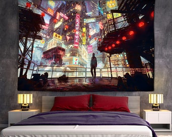 Japanese City Tapestry Cyberpunk City Tapestry Japan Night Scene Neon Lights Cool Futuristic Wall Decor Large Cyberpunk Wall Art Tapestries