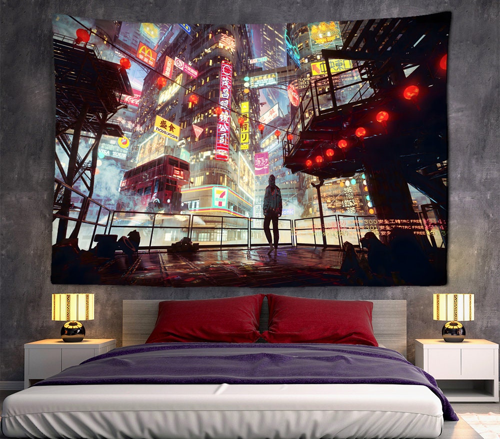 Neon city tapestry sale