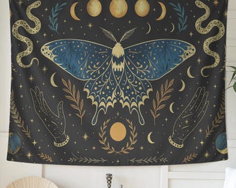 Mystical Moth Moon Tapestry - Celestial Wall Hanging with Snakes and Hands, Witchy Boho Decor, Spiritual Lunar Phases Art Print