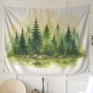 Watercolor Art Forest Tapestry - Serene Nature Wall Hanging, Misty Woodland Decor, Boho Green Forest Art, Calm Meditation Decor