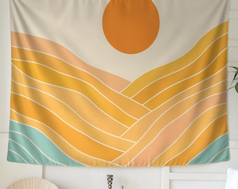 Arazzo da parete minimalista con onda solare - Decorazione retrò con tramonto, toni caldi della terra, arte astratta del paesaggio, decorazione da parete in stile boho