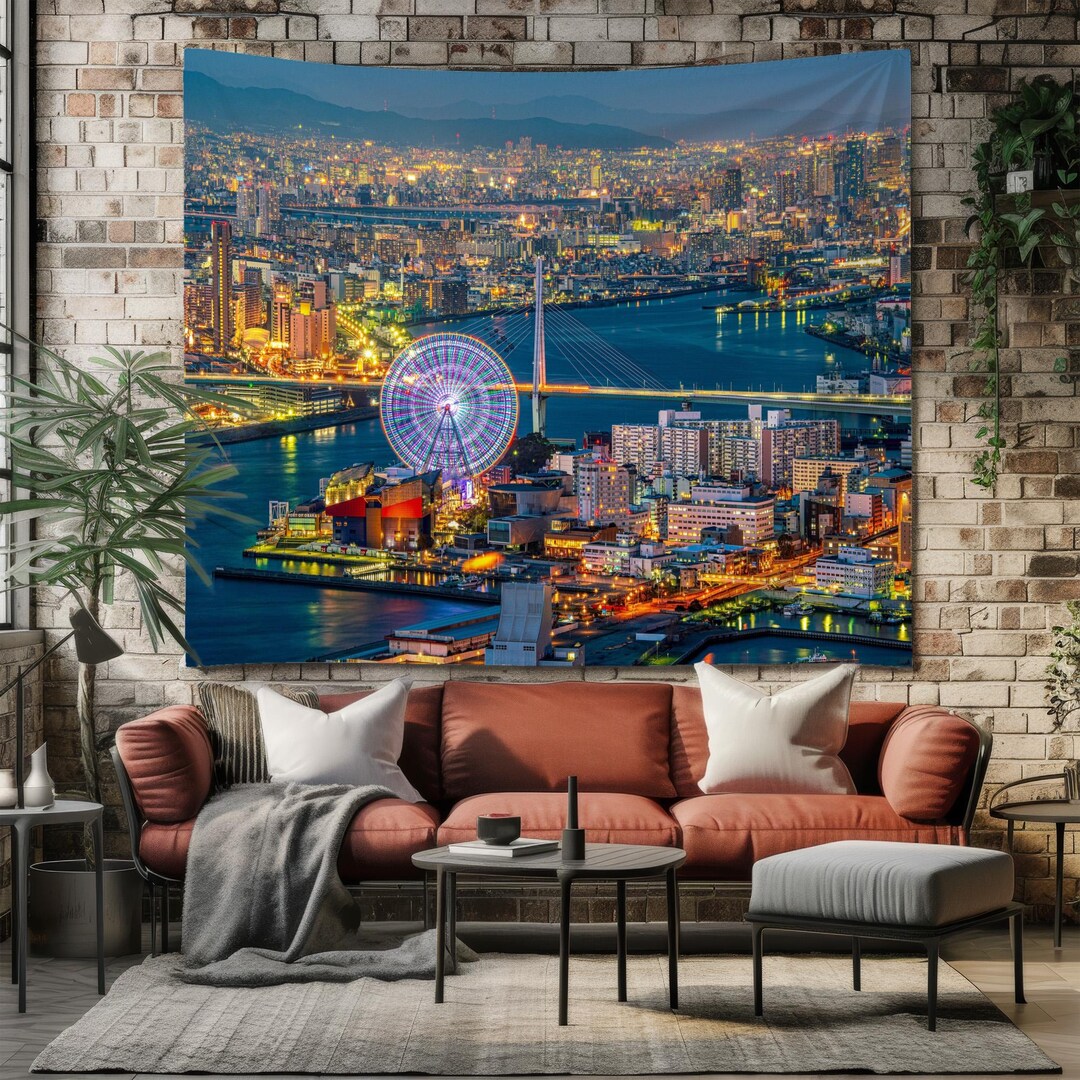 Osaka Japan Wall Tapestry, Japanese Night Cityscape Wall Hanging