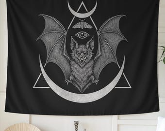 Tapiz de pared gótico de murciélago vampiro: arte espeluznante en blanco y negro para dormitorio o residencia universitaria, decoración de estética oculta con aires de bruja.