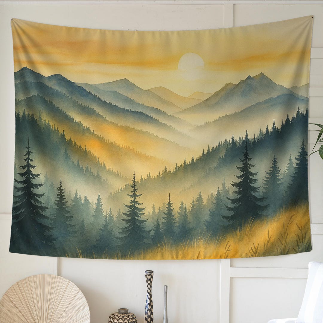 Misty Mountain Tapestry – Sunrise Forest Landscape Wall Art – Nature ...