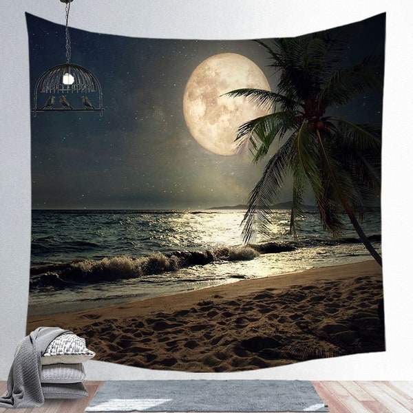 Tapestry Full Moon on the Beach Palm Ocean Starry Night Sky Nature Wall Tapestry Wall Hanging