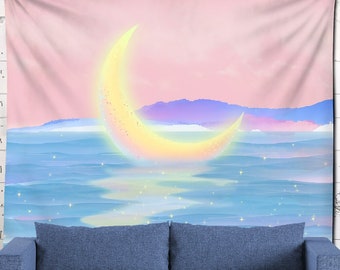 The Moon and Ocean Tapestry Kawaii Wall Tapestry Wall Hanging Abstract Art Tapestries Kawaii Room Decor
