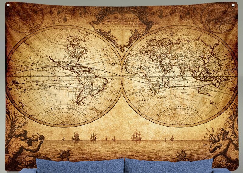 アンティークドイツ ローゼル 世界航海地図手刺繍キルト タペストリ 印刷地図絵付 アンティークドイツ ローゼル 世界航海地図手刺繍キルト
