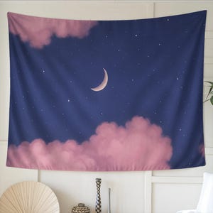 Kawaii Moon and Pink Cloud Tapestry – Dreamy Night Sky Wall Art for Cozy Bedroom or Dorm, Soft Aesthetic Celestial Decor Gift for Her