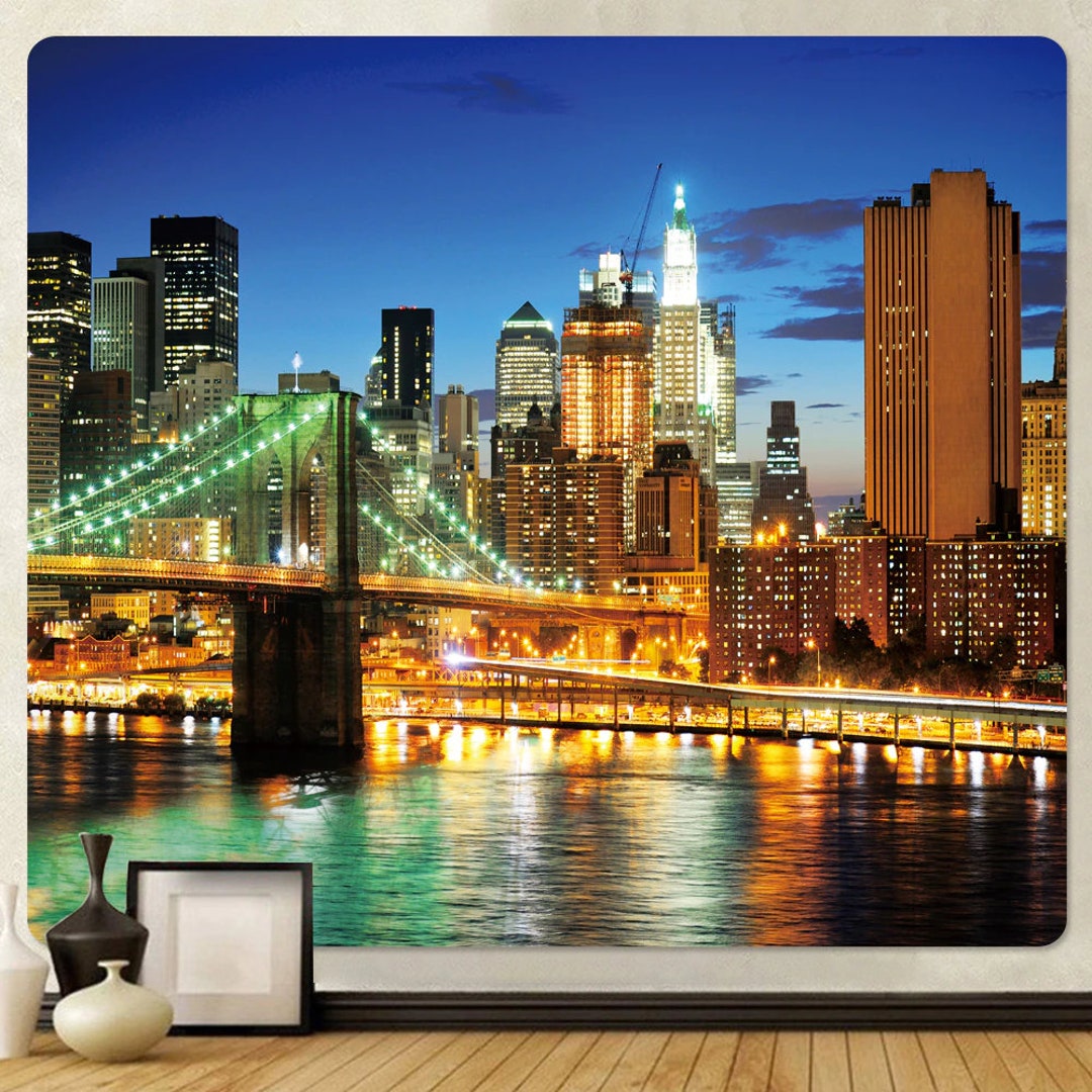 New York Wall Tapestry Night View City Tapestry Brooklyn Bridge Wall Hanging Cityscape 