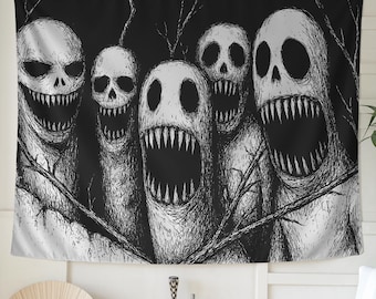 Tapiz de caras de terror espeluznantes: arte de pared gótico en blanco y negro, decoración de bosque embrujado, fondo de Halloween aterrador para una habitación espeluznante