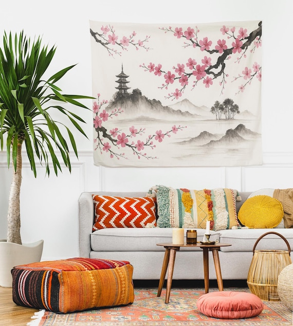 Japanese Wall Tapestry With Cherry Blossoms and Pagoda Serene