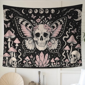 Gothic Butterfly Skull Tapestry – Witchy Wall Decor with Mushrooms, Crystals, Moons, and Floral Moth Vibe for Dark Boho and Occult Style