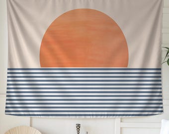 Arazzo da parete minimalista "Sole sull'oceano" - Arte moderna del tramonto, estetica costiera, vibrazioni tranquille da spiaggia, decorazione murale nautica astratta