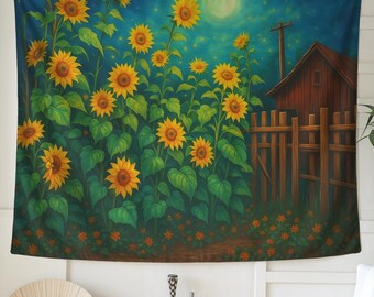 Tapiz de jardín de girasoles: tapiz rústico de estilo rústico, decoración del hogar inspirada en la naturaleza, arte floral bohemio, vibrante decoración de girasoles.