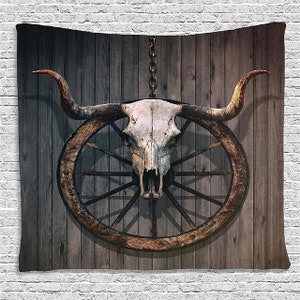 Western Cow Skull Tapestry, Boho Bull Longhorn Skull Head Wall Hanging Bohemian Tapestries Decor for Bedroom Living Room Dorm College