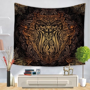 Owl Tapestry Mandala Wall Tapestry Gold and Black Owl Wall Hanging Wall Decor