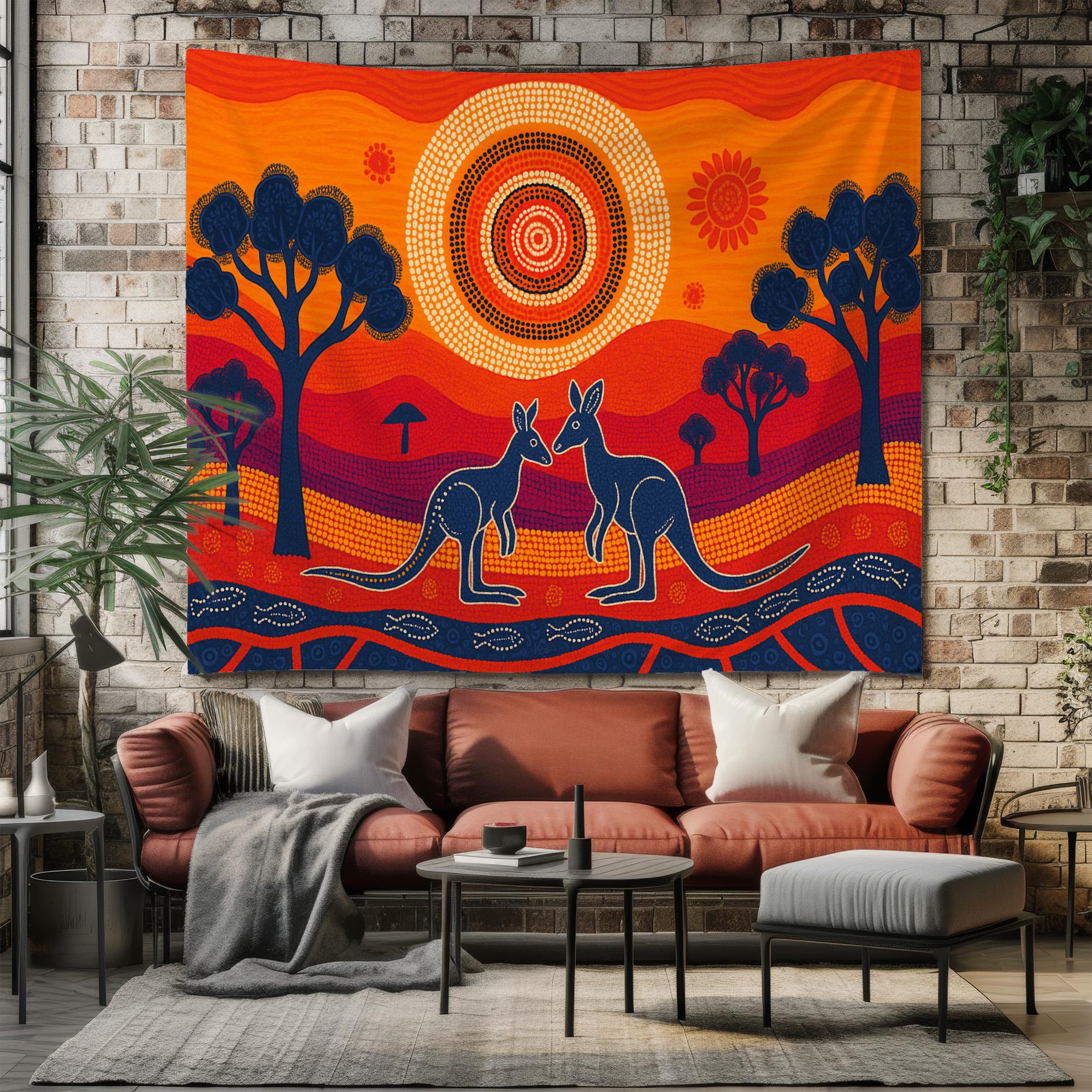 鮮やかなアボリジニアートのカンガルータペストリー壁掛け