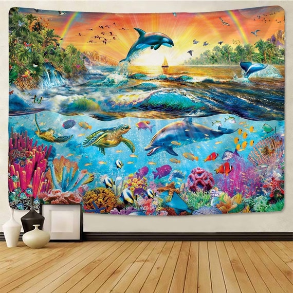Ocean Tapestry Colorfull Underwater World with Fish Dolphins Coral Sea Turtle Wall Hanging Tapestries for Home Decoration
