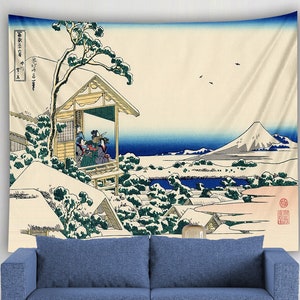 北斎タペストリー 日本美術 風景 山 壁掛け ブルー 東洋 寮 装飾 古い浮世絵