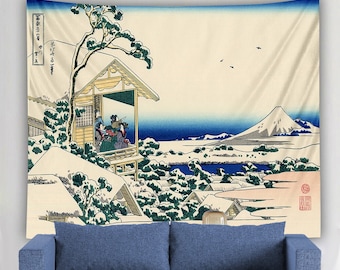 Hokusai Tapestry Japanese Art Landscape Mountain Wall Hanging Blue Oriental Dorm Decor Old Ukiyo-e Painting