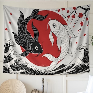 Japanese Koi Fish Tapestry with Red Sun – Yin Yang Wall Art with Cherry Blossoms and Waves, Bold Zen Decor for Meditation or Gift for Him
