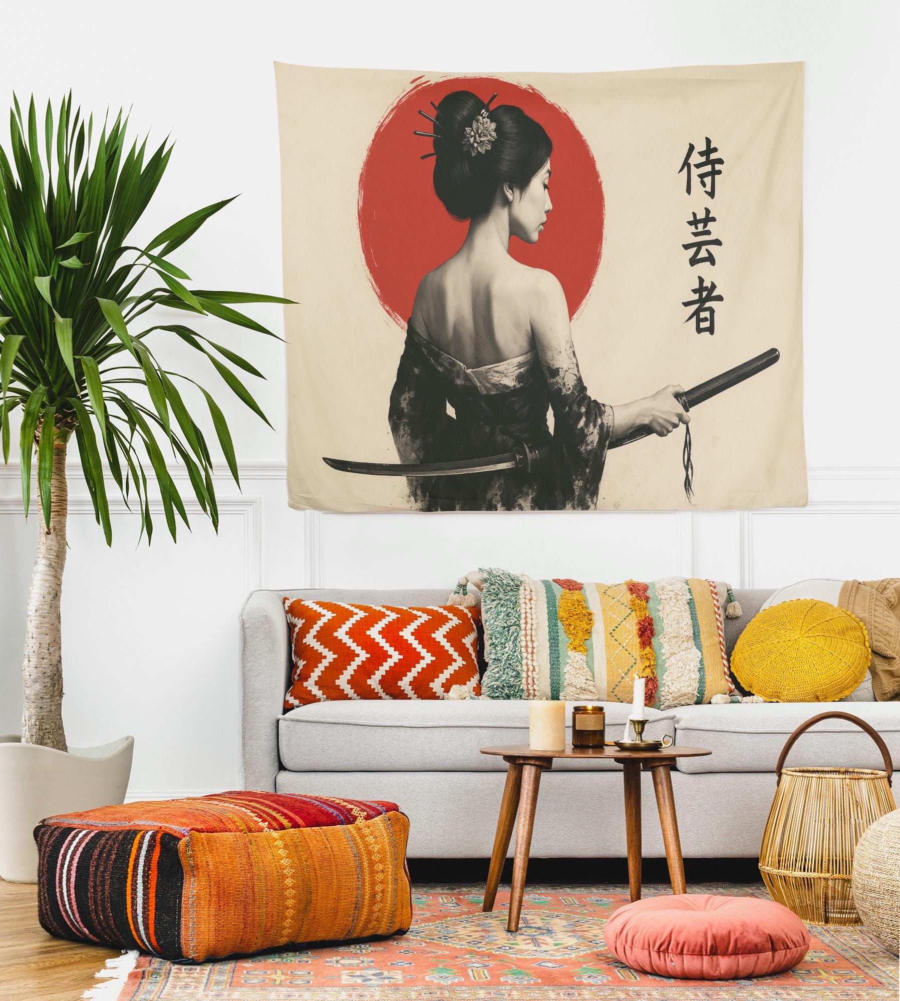 Samurai Woman Tapestry – Japanese Warrior Wall Art – Geisha Sword Red ...