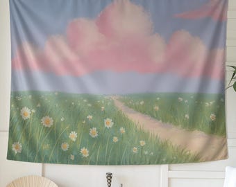 Pastel madeliefje veldmuur kawaii wandtapijt met roze wolken | Zachte cottagecore-muurkunst voor slaapkamer, slaapzaal of leeshoek, dromerig luchtlandschap