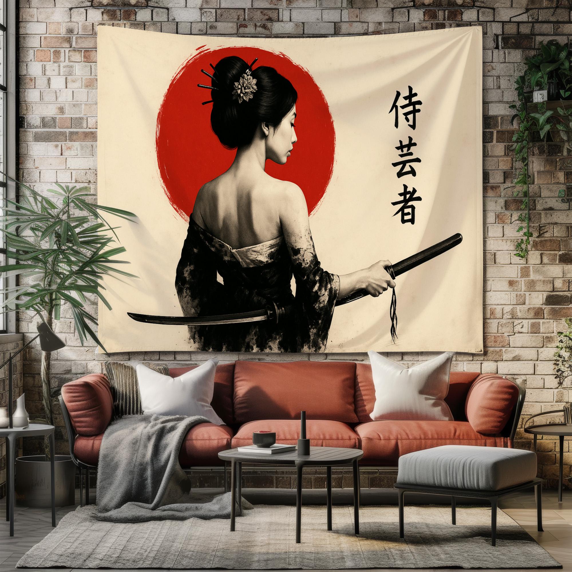 Samurai Woman Tapestry – Japanese Warrior Wall Art – Geisha Sword Red ...