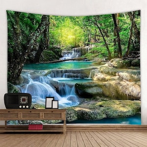 Natuur Tapijt Muur Opknoping Waterstroom Bos Waterval Natuurlandschap Water Steen Rivier Scenic Room Decor