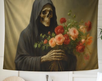 Grim Reaper Tapestry With Roses - Gothic Skeleton Wall Art, Dark Academia Floral Decor, Death And Beauty Aesthetic, Occult Home Vibe, Skull