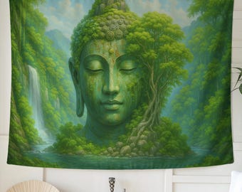 May include: A green tapestry depicting a serene Buddha statue within a verdant landscape. The Buddha's face is detailed, with closed eyes, surrounded by trees and a waterfall. The colour palette is dominated by greens and blues.
