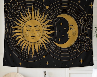 Sol- och måntapet – himmelsk väggkonst för sovrum, kosmisk svart och gulddekor, spirituell bohemisk gåva, astrologiinspirerad hängning