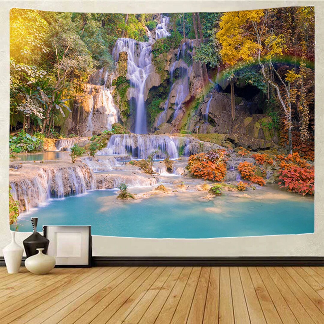 Nature Wall Tapestry Forest Waterfall Wall Hanging Waterfall Etsy