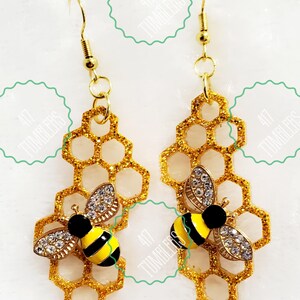 Honeycomb Honeybee Dangle Drop Resin Earrings