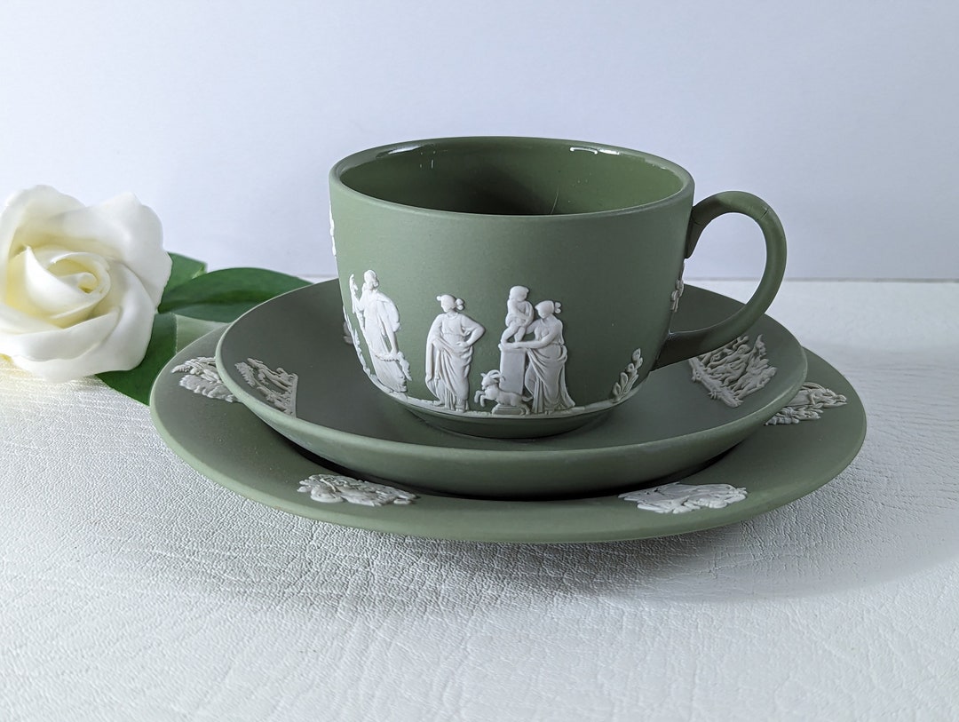 Vintage Wedgwood Jasperware Sage Green Trio , Teacup ,saucer and Side