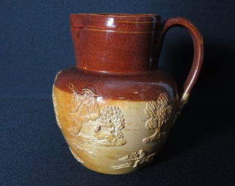 Antique Stoneware Jug / Pitcher Moulded Farming Scene Royal Doulton , Ca 1905