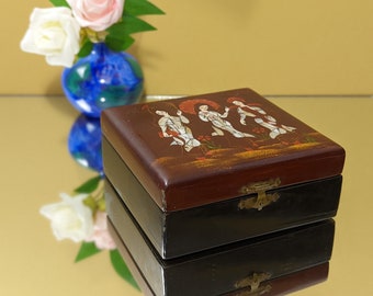 Vintage Oriental Wooden Square Box with Mother of Pearl